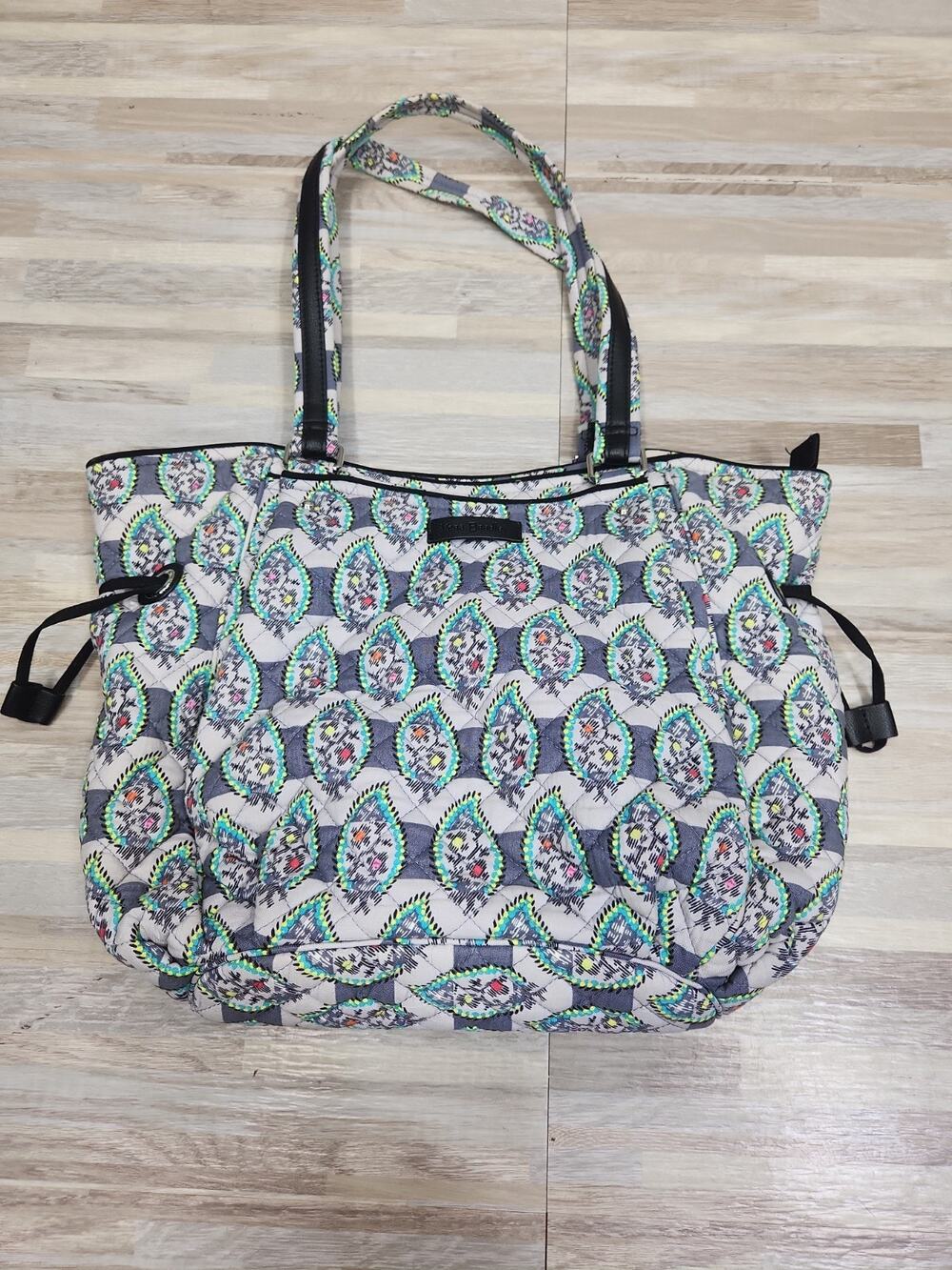 Vera Bradley Bucket Drawstring Satchel Purse gray and turquoise "Paisley Stripes